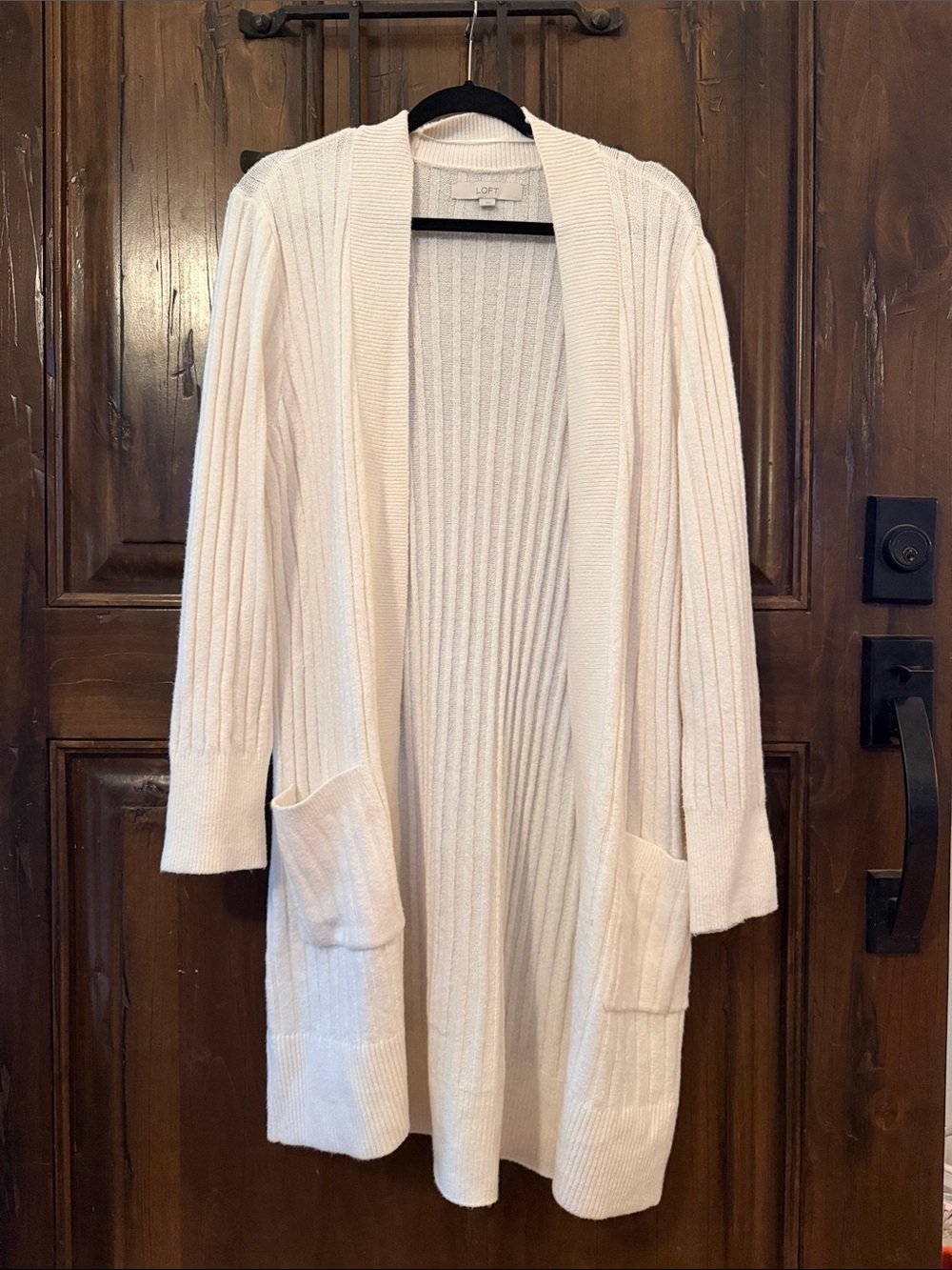 LOFT Cream Ribbed Open-Front Long Cardigan - Picture 1 of 5